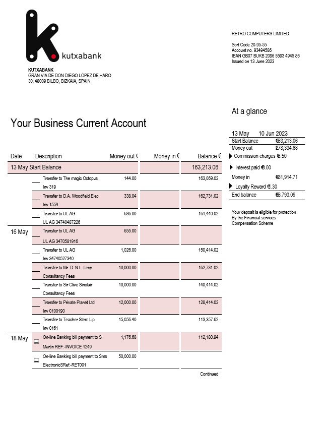 Modèle Word et PDF de relevé de compte d'entreprise Kutxabank